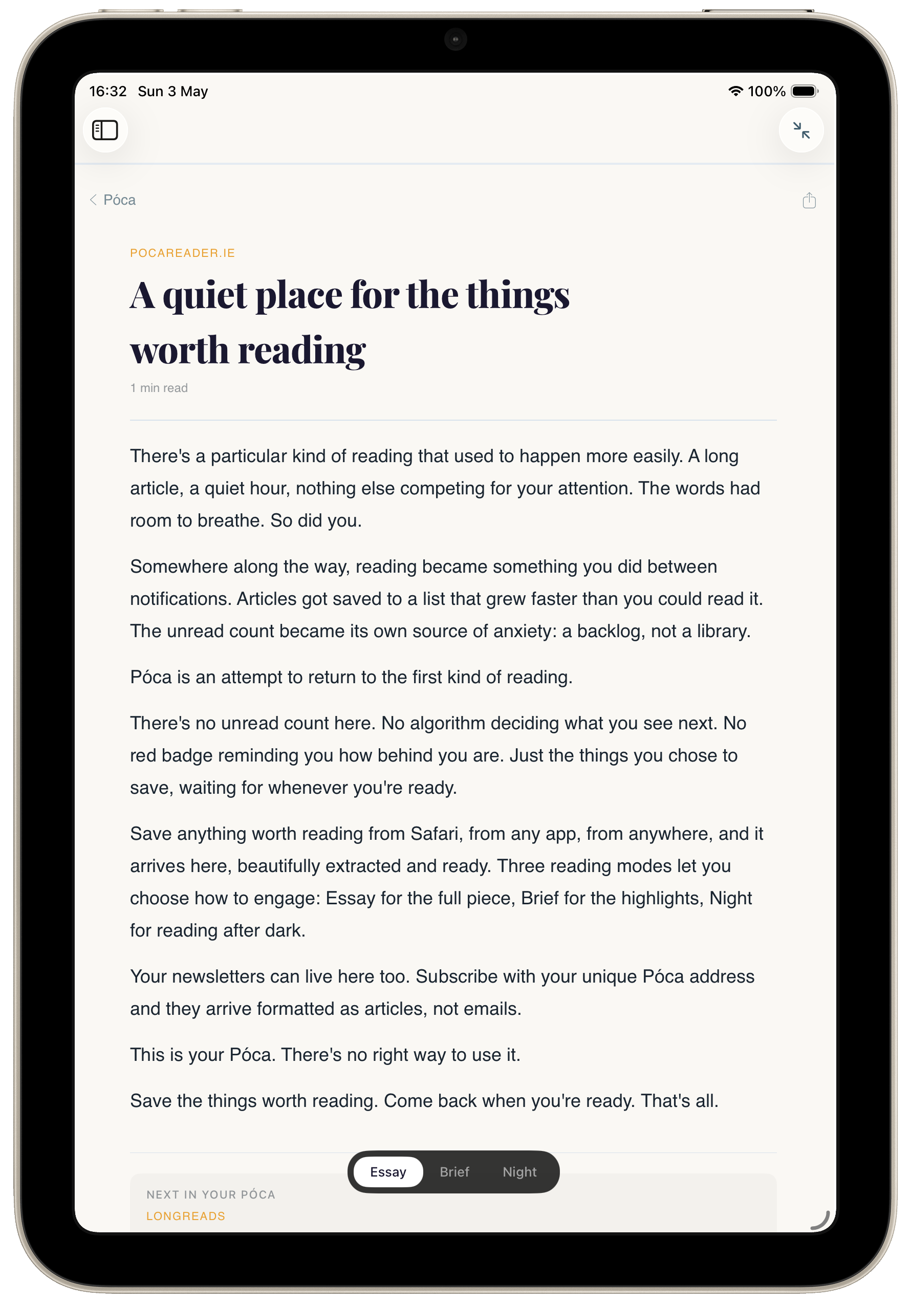 Póca reading view on iPad