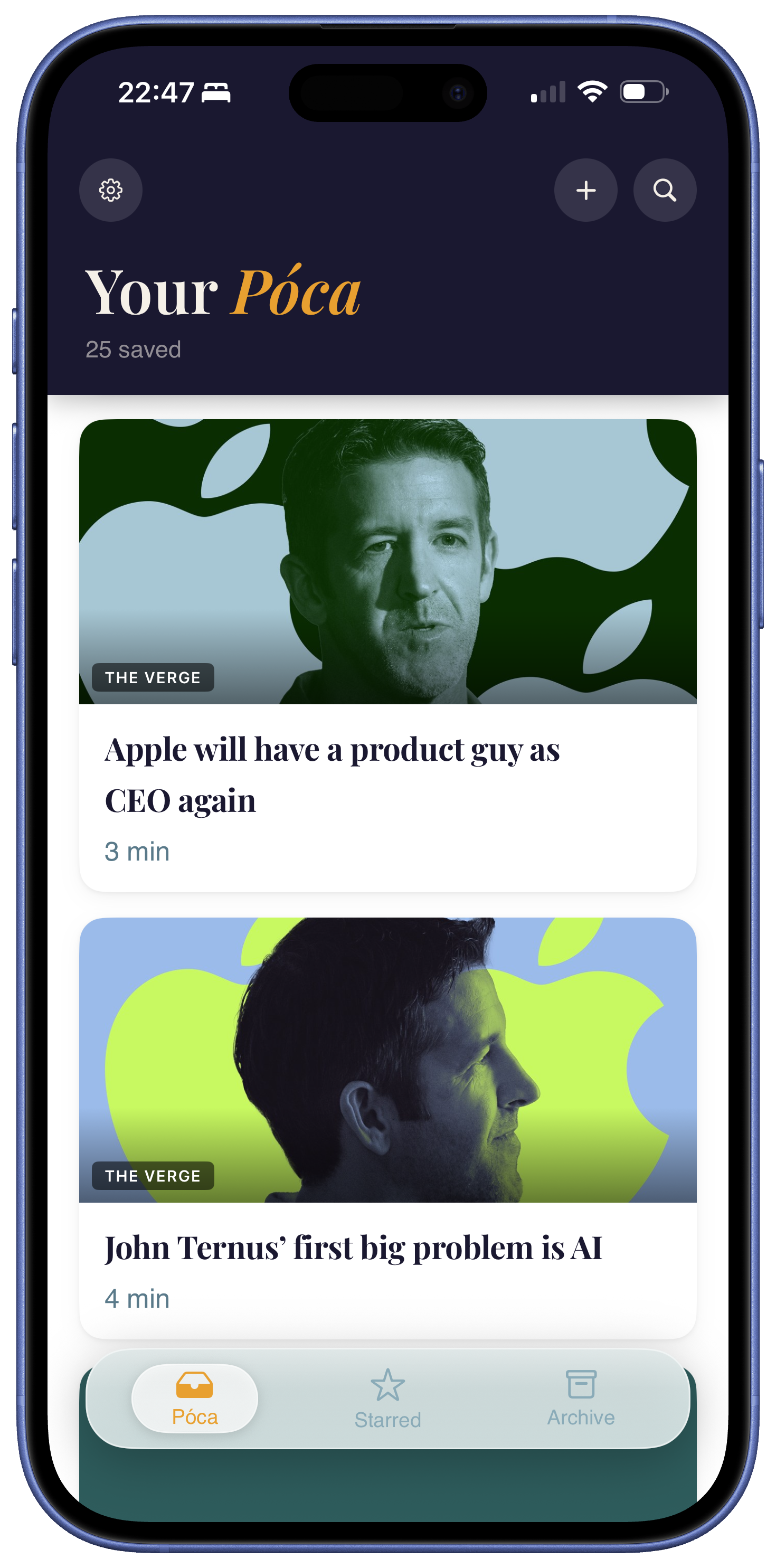 Póca list view on iPhone