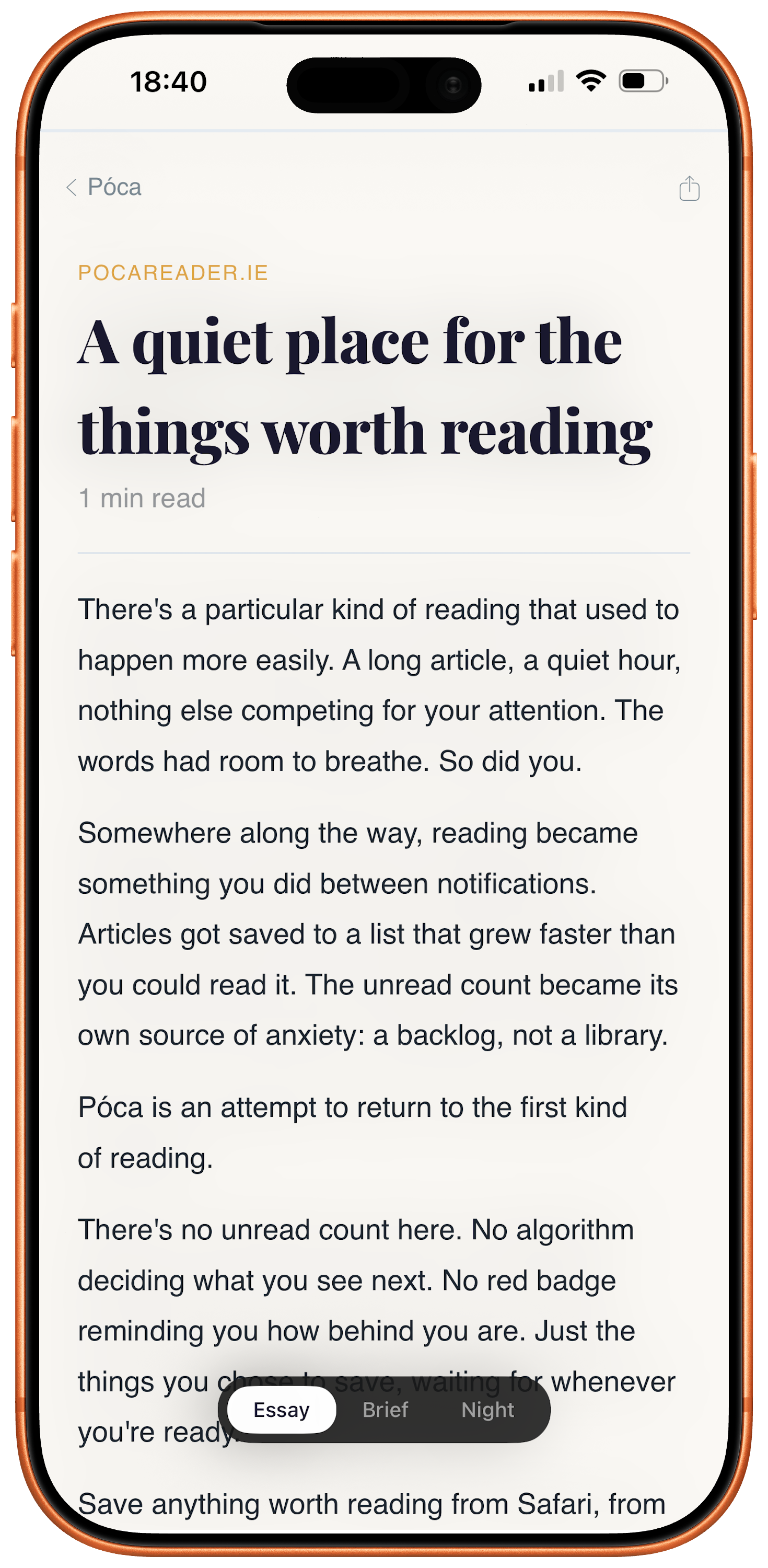 Póca reading view on iPhone